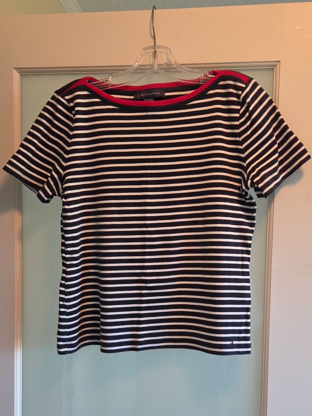 Tommy Hilfiger Navy and White Striped Short-Sleeve Tee with Red Neck Trim